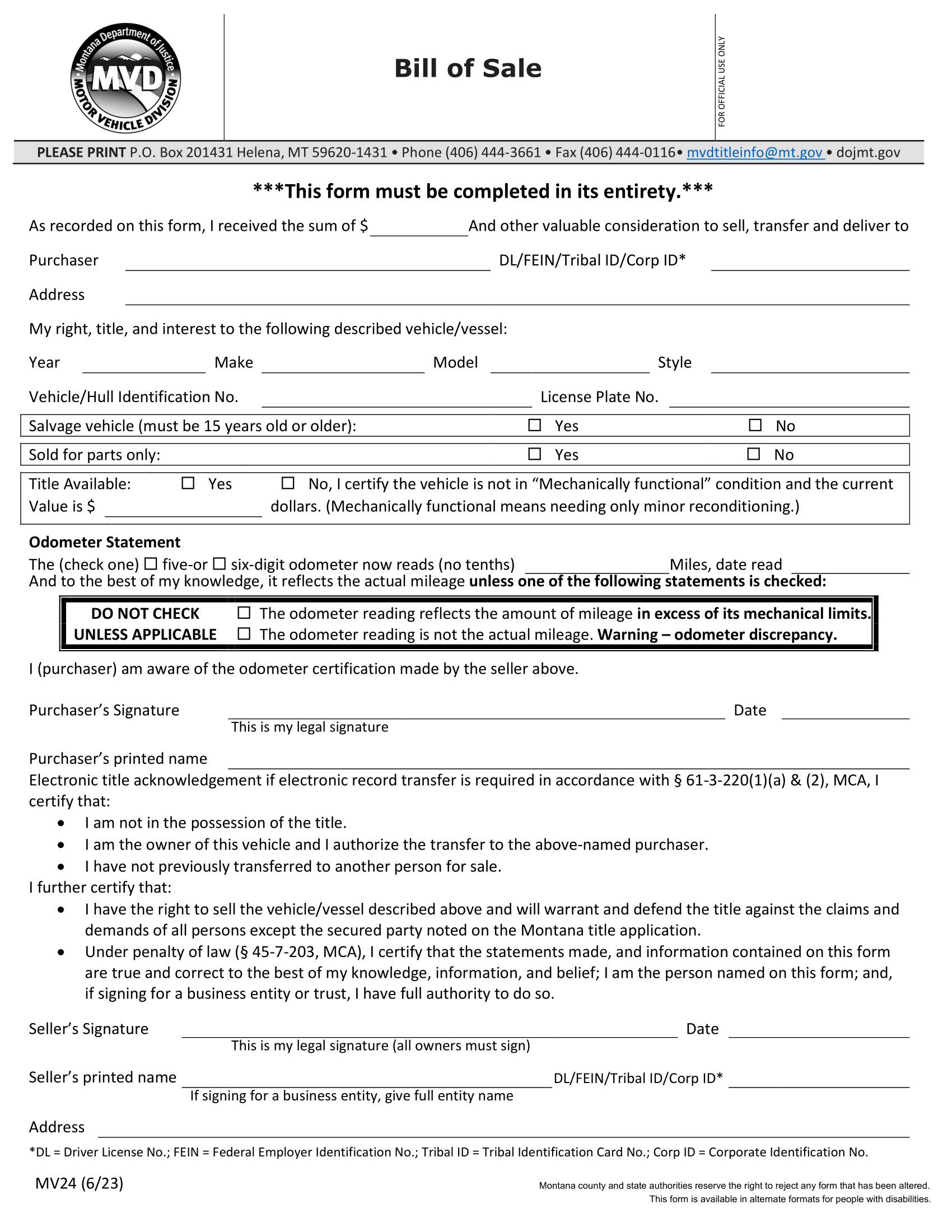 Montana Bill of Sale Form