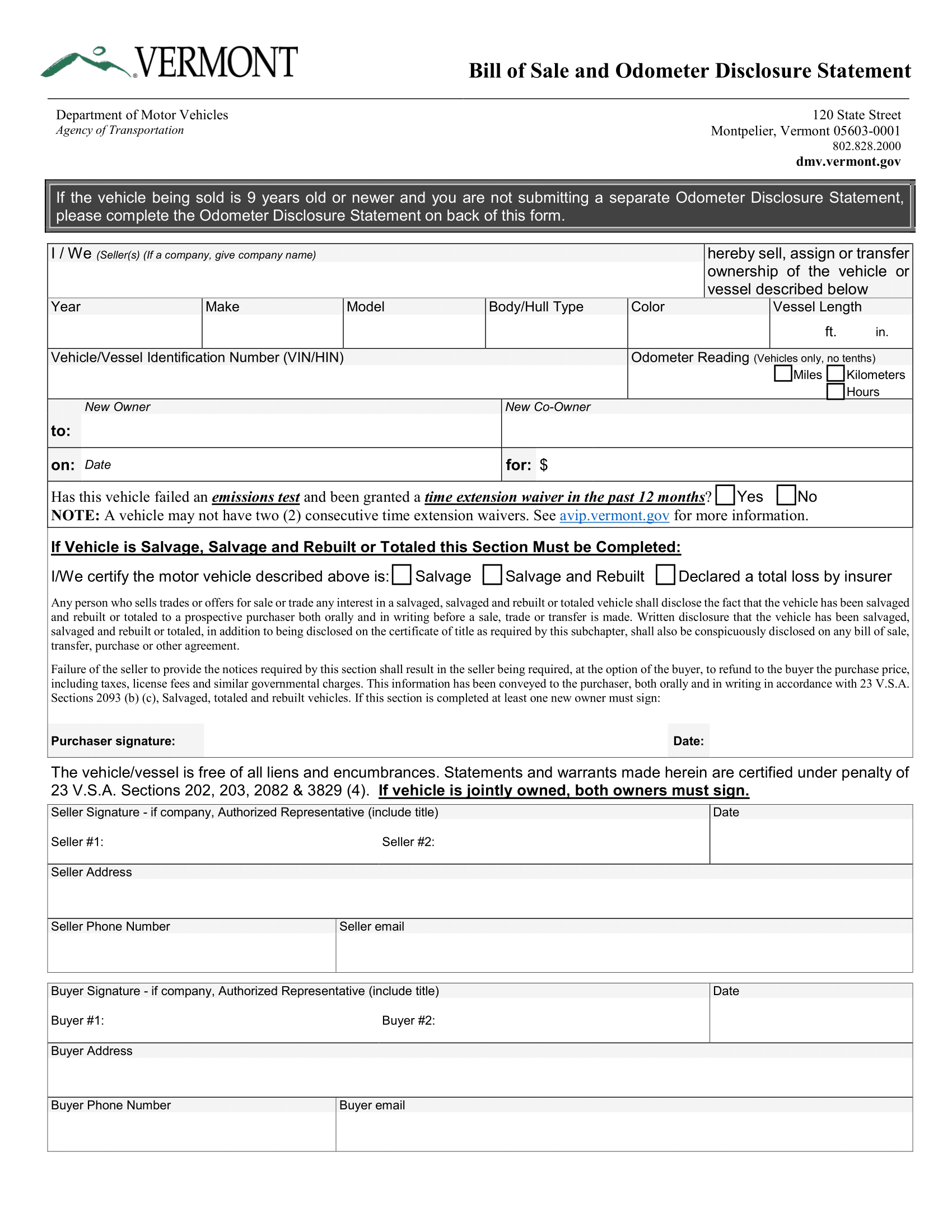 Vermont Bill of Sale Form