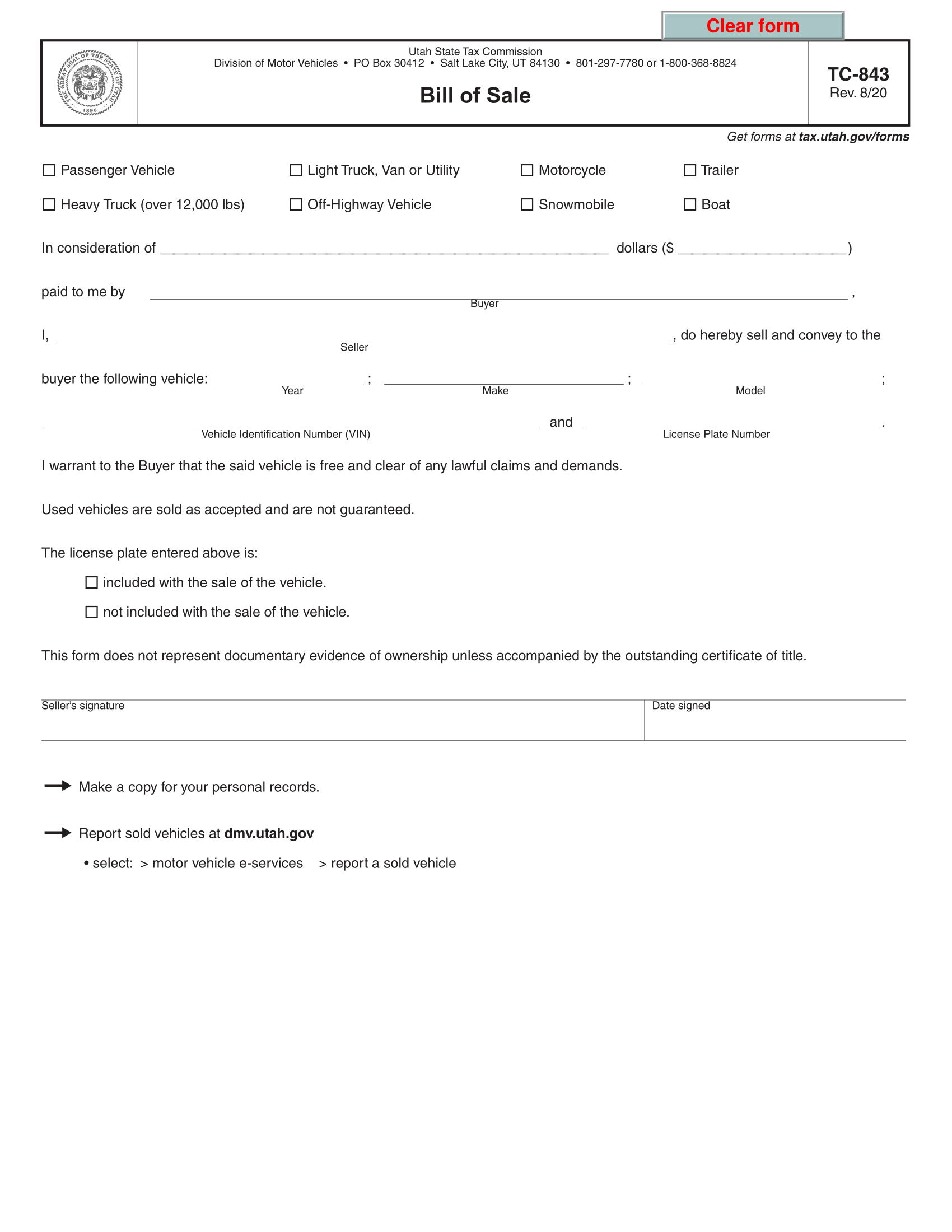 Utah Bill of Sale Form