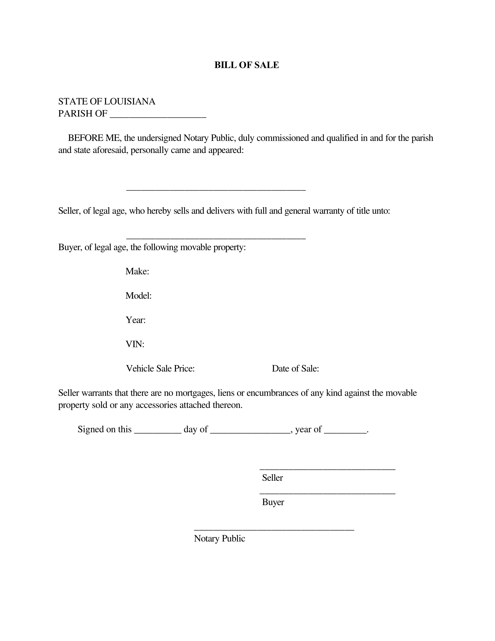 Louisiana Bill of Sale Form