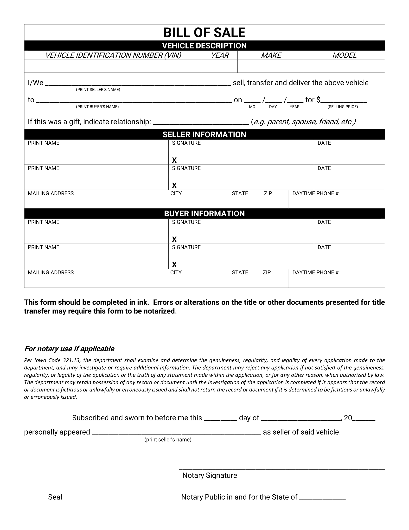 Iowa Bill of Sale Form
