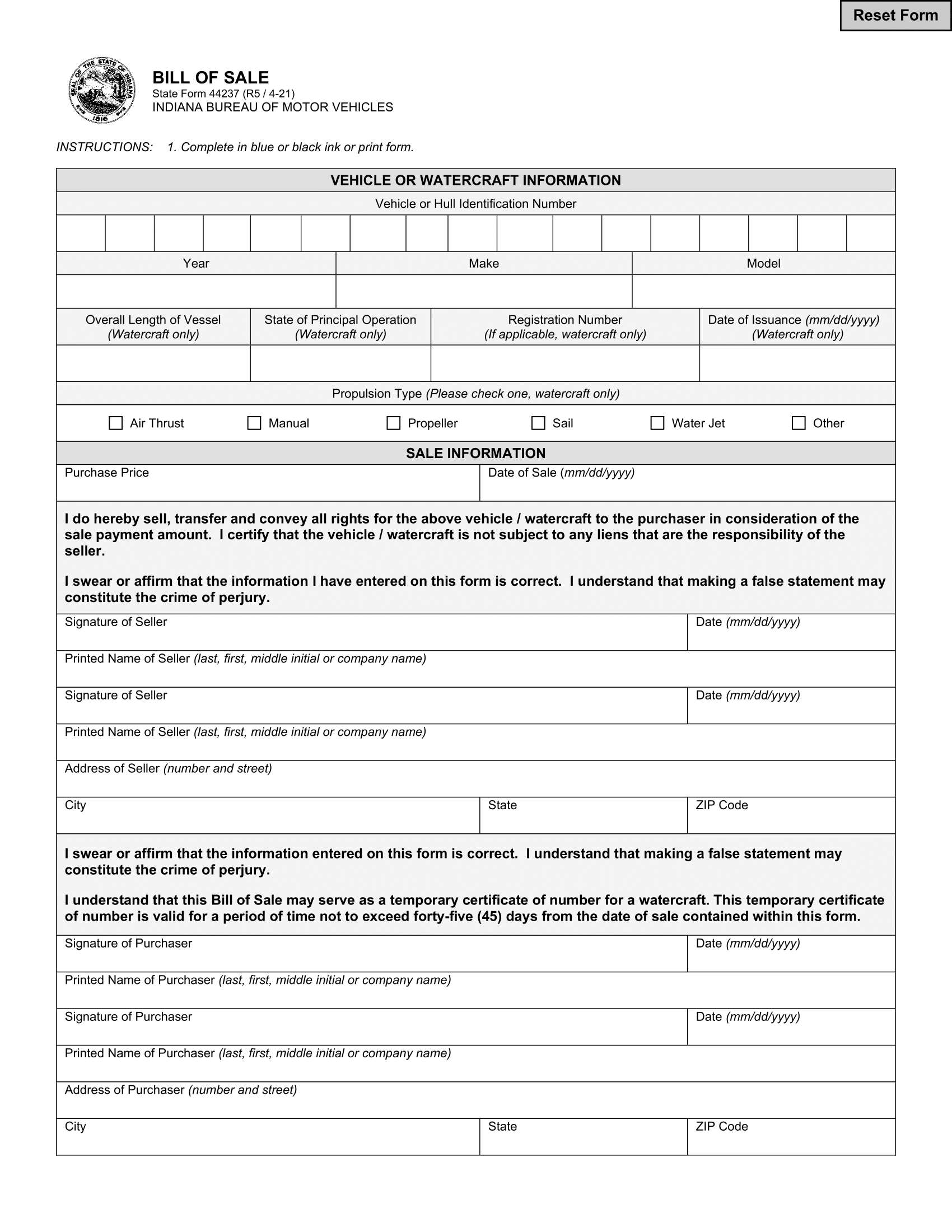 Indiana Bill of Sale Form
