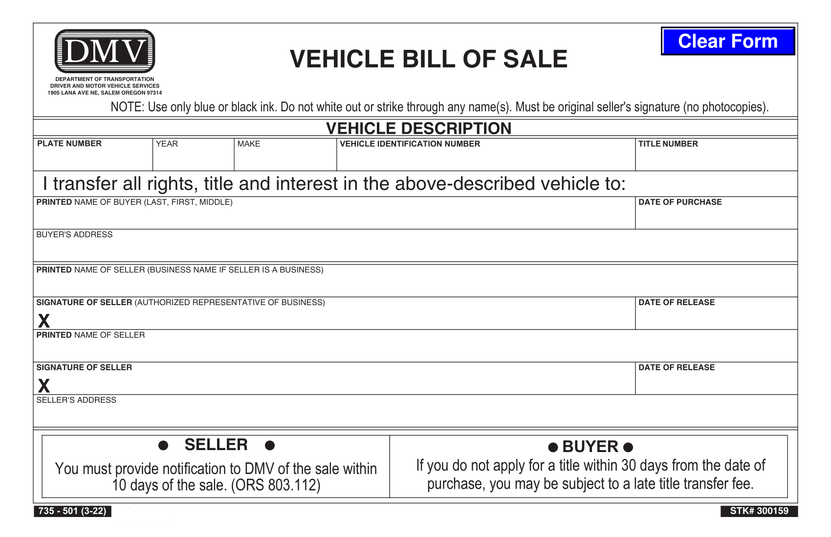 Oregon Bill of Sale Form