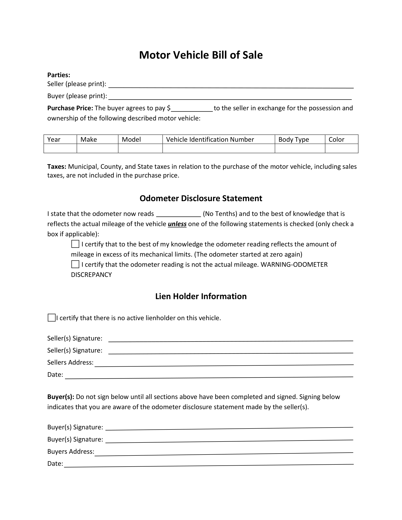Maine Bill of Sale Form