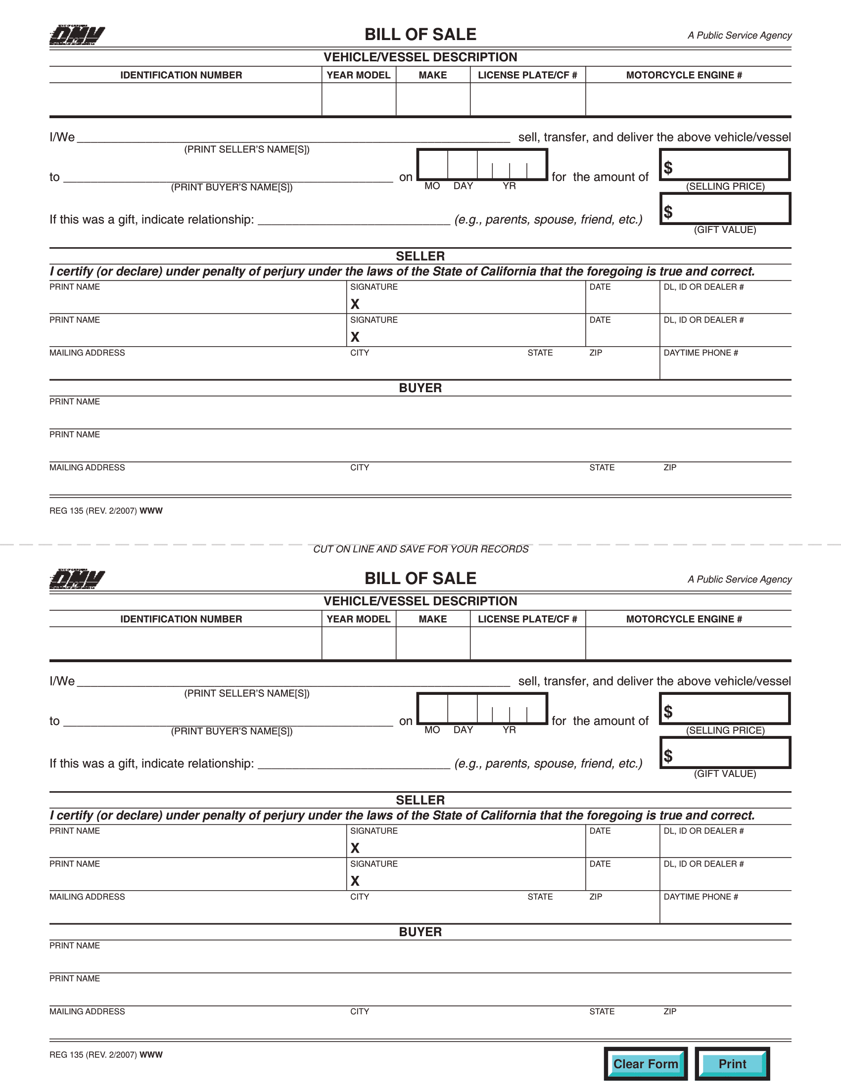 California Bill of Sale Form