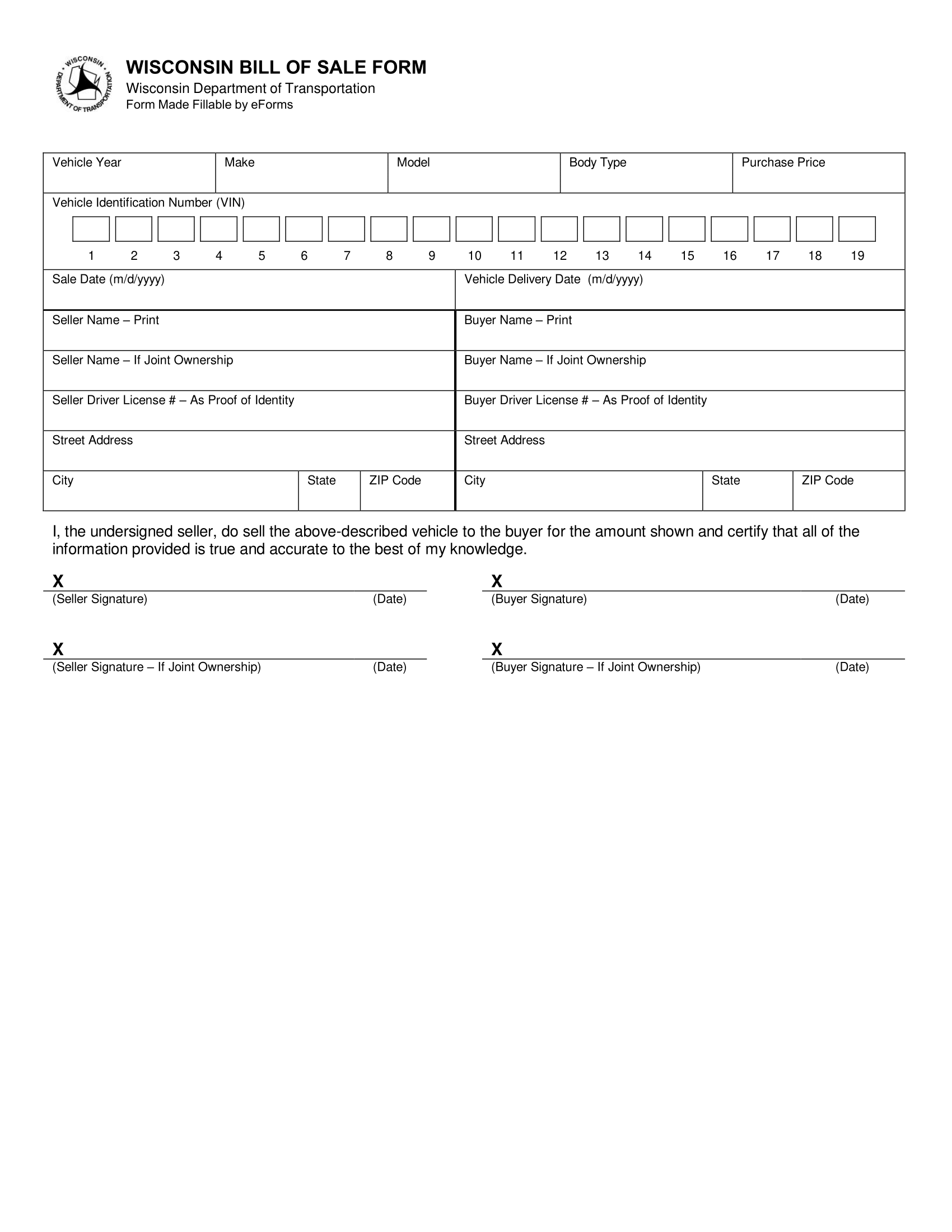Wisconsin Bill of Sale Form