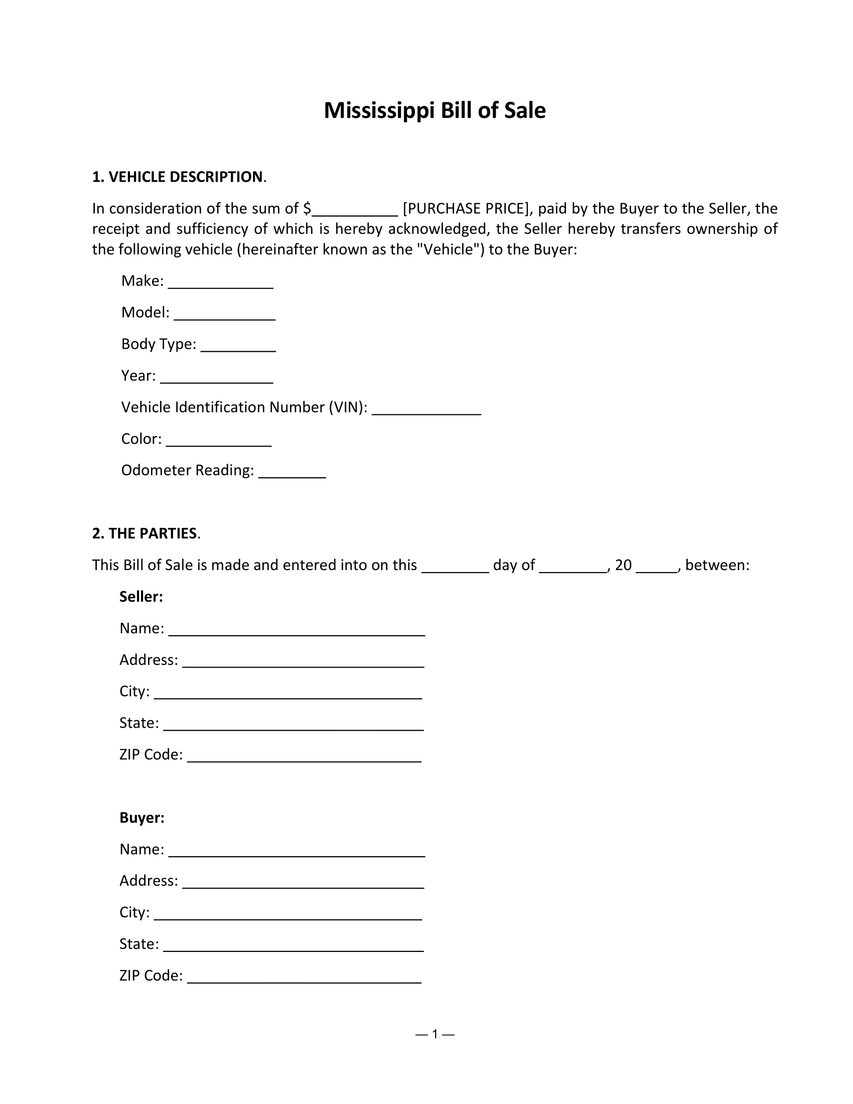 Mississippi Bill of Sale Form