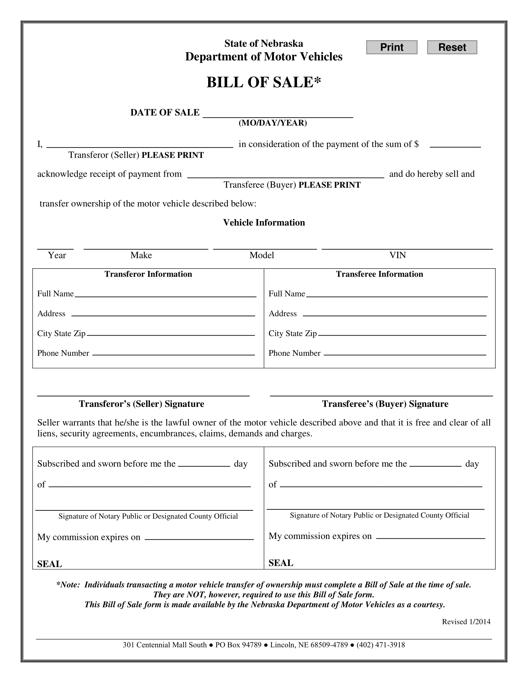 Nebraska Bill of Sale Form
