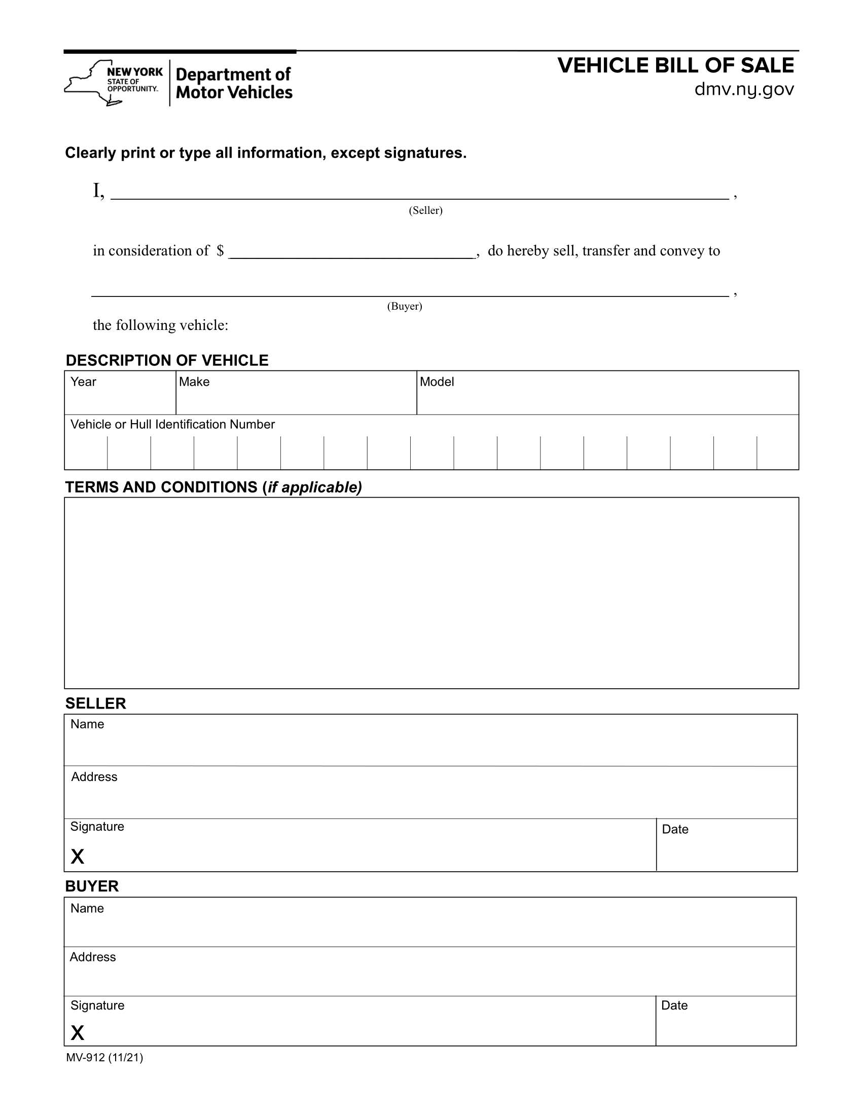New York Bill of Sale Form