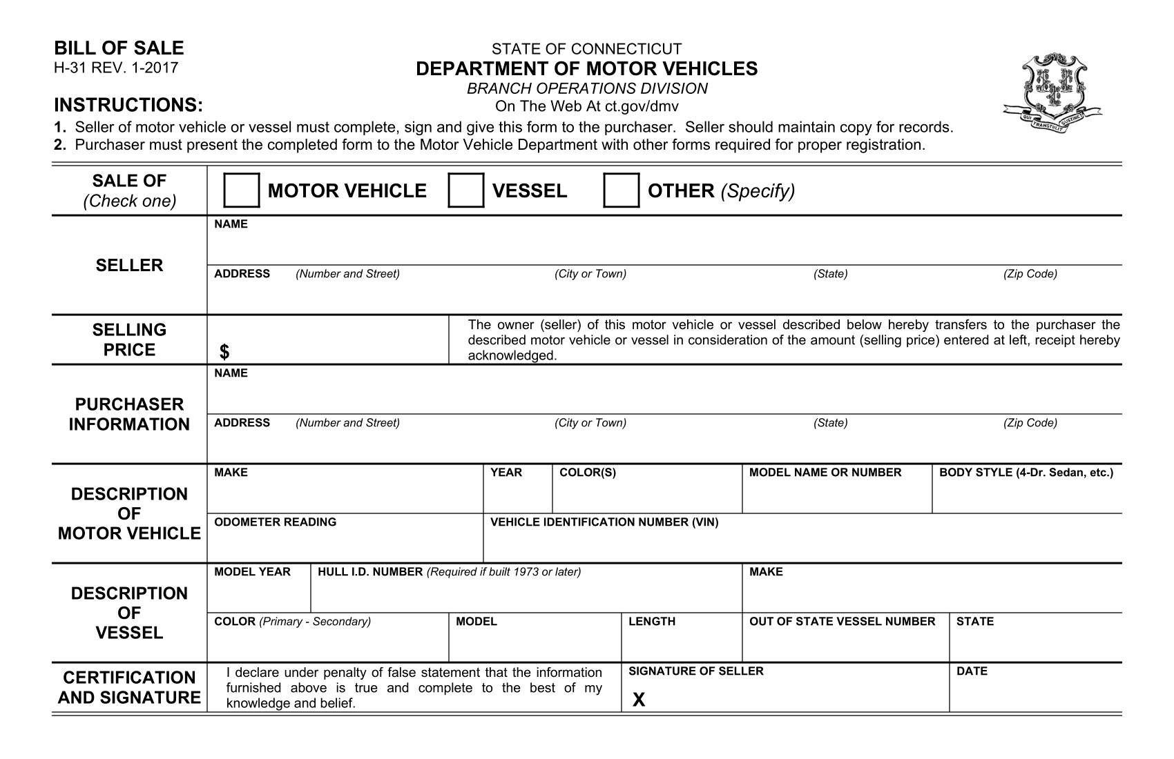 Connecticut Bill of Sale Form