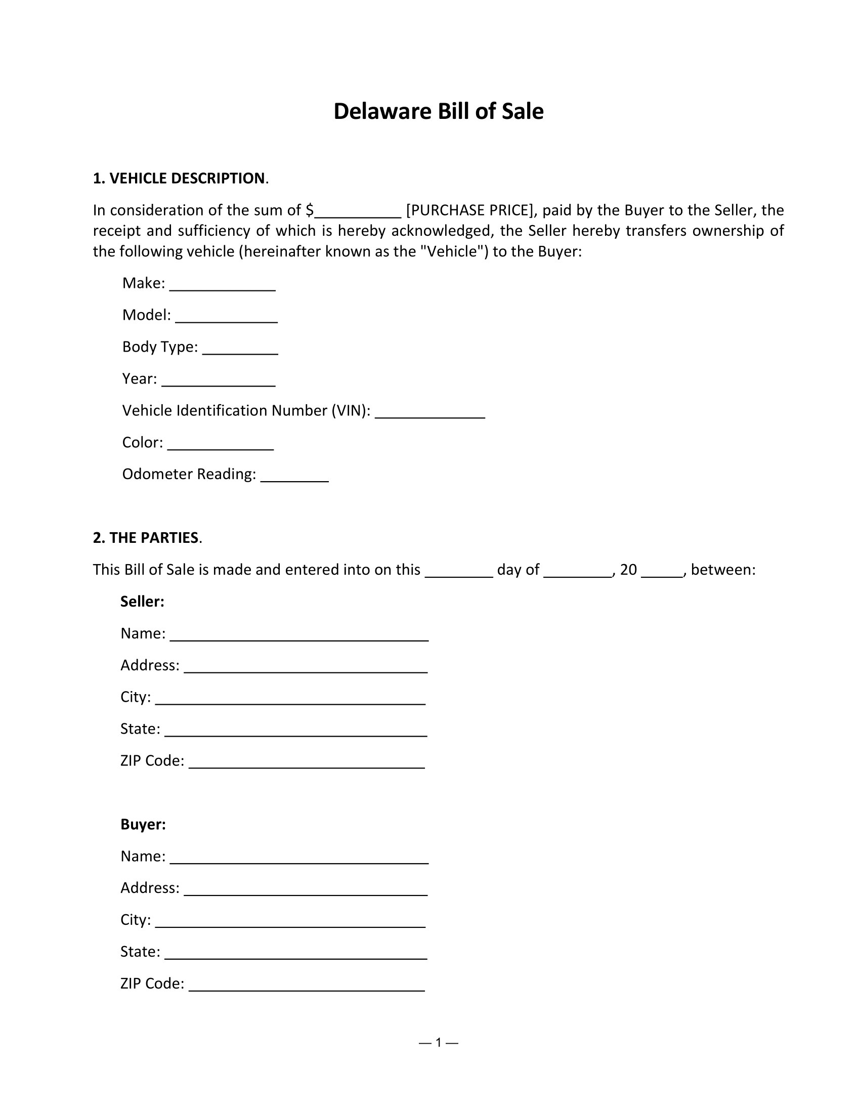 Delaware Bill of Sale Form