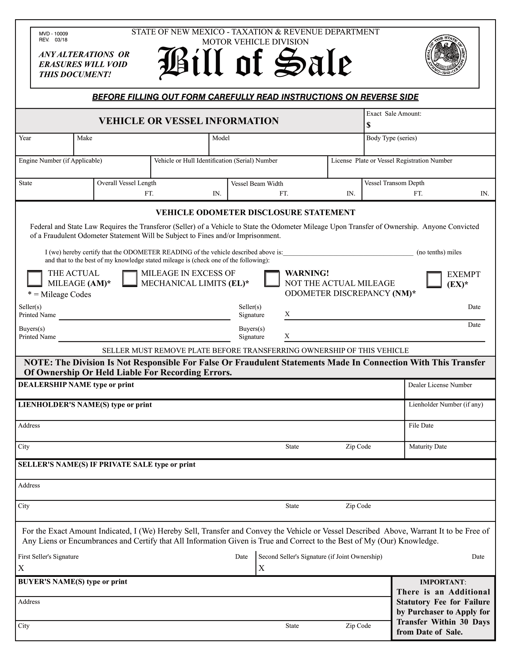 New Mexico Bill of Sale Form