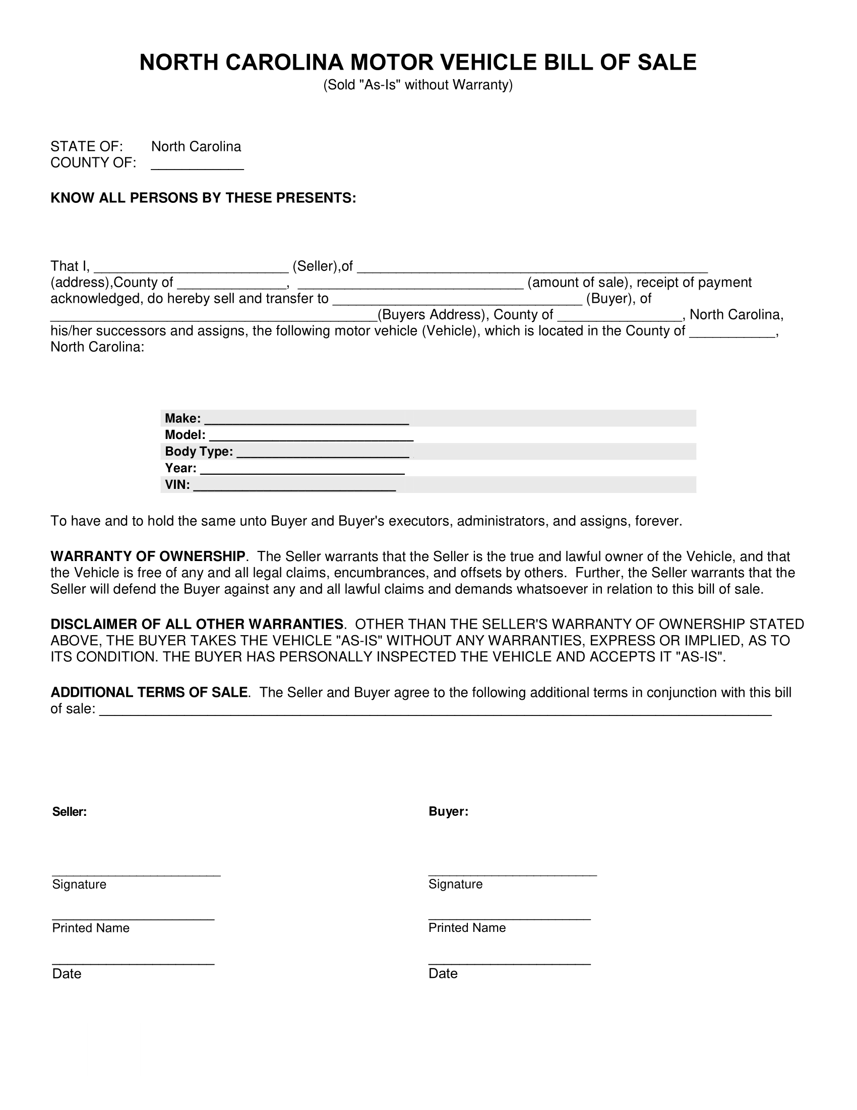 North Carolina Bill of Sale Form