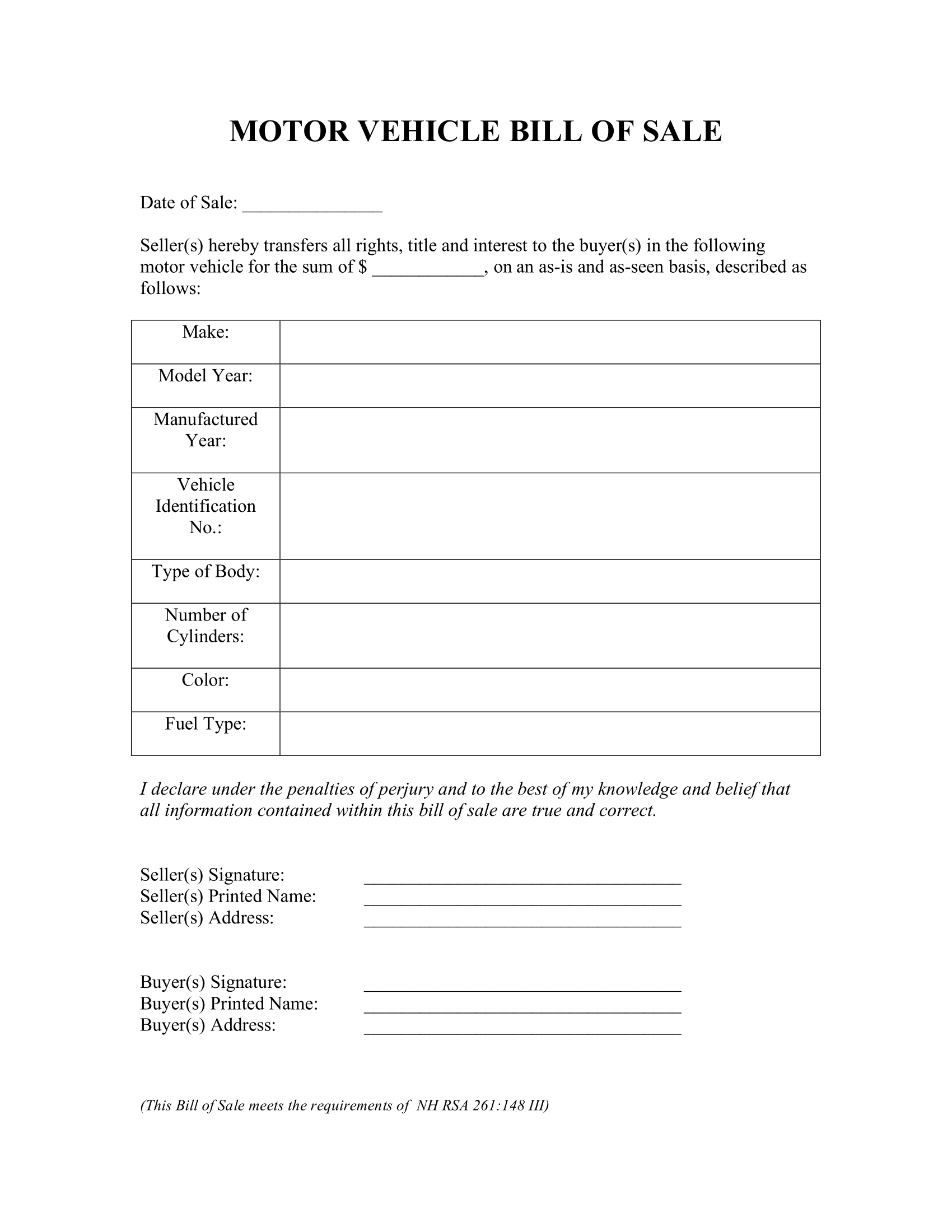New Hampshire Bill of Sale Form