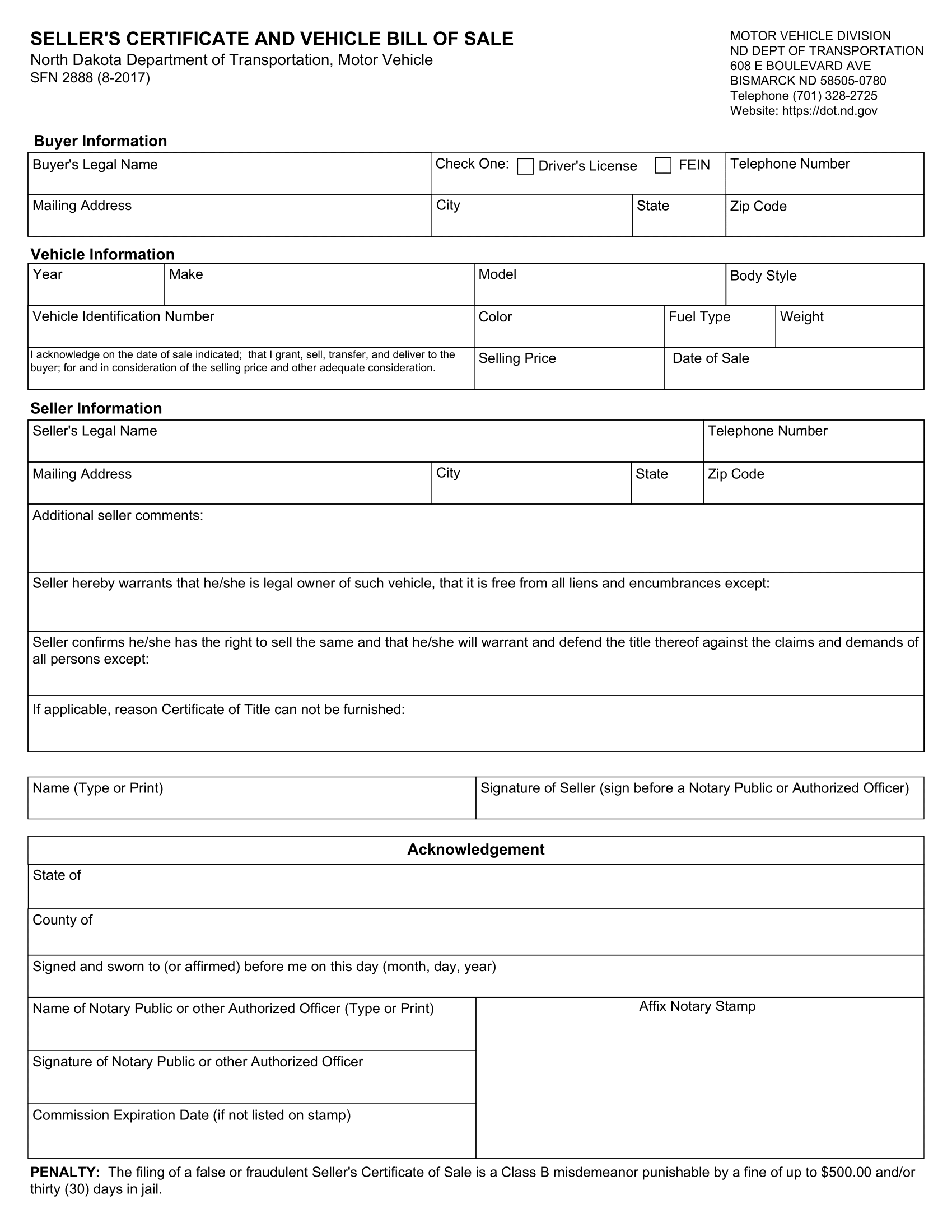 North Dakota Bill of Sale Form