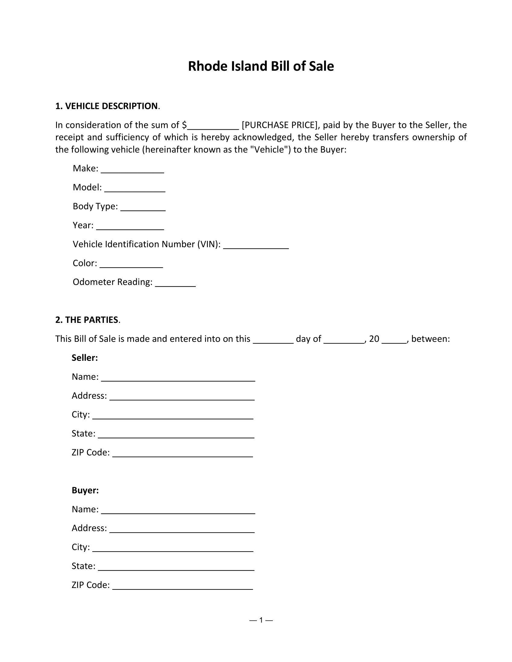 Rhode Island Bill of Sale Form