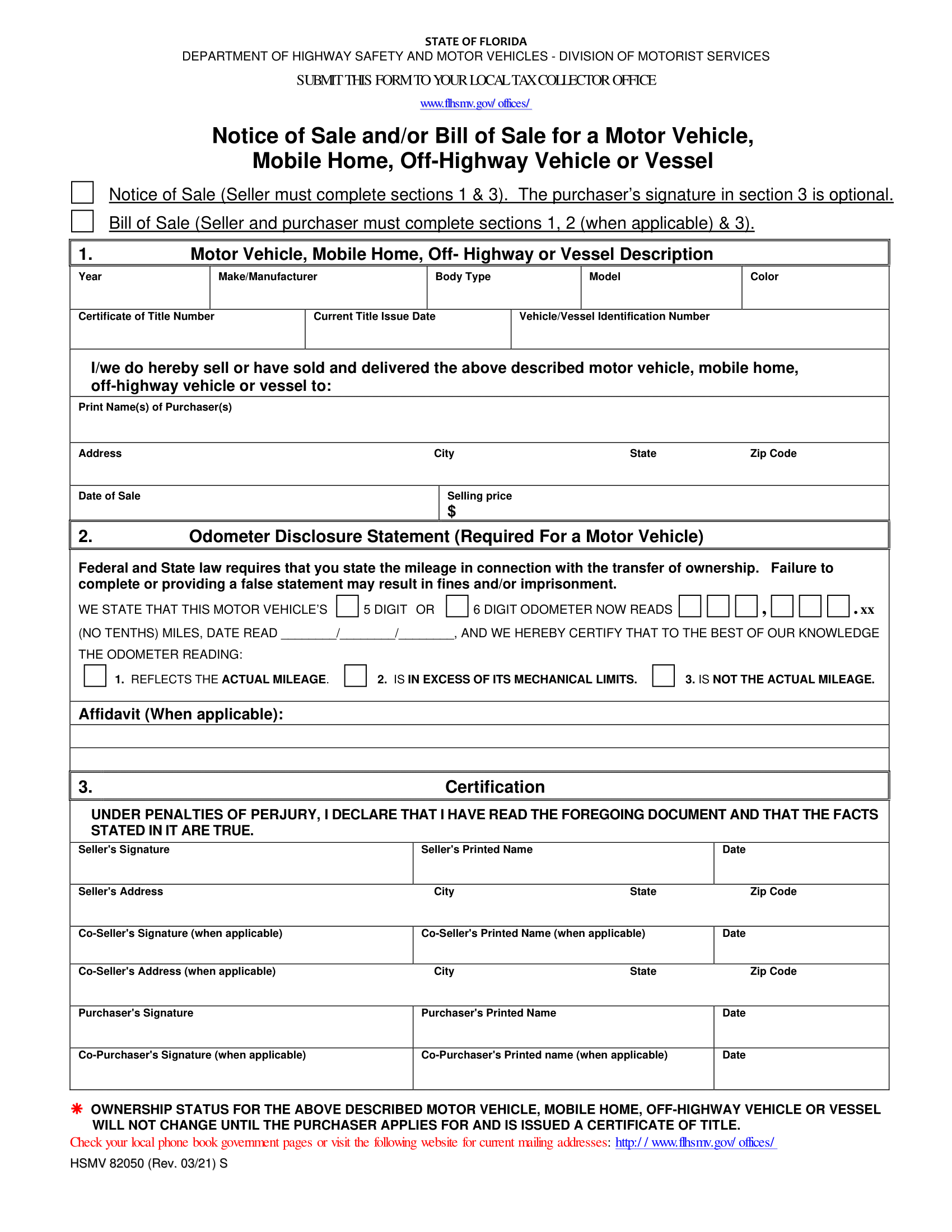 Florida Bill of Sale Form