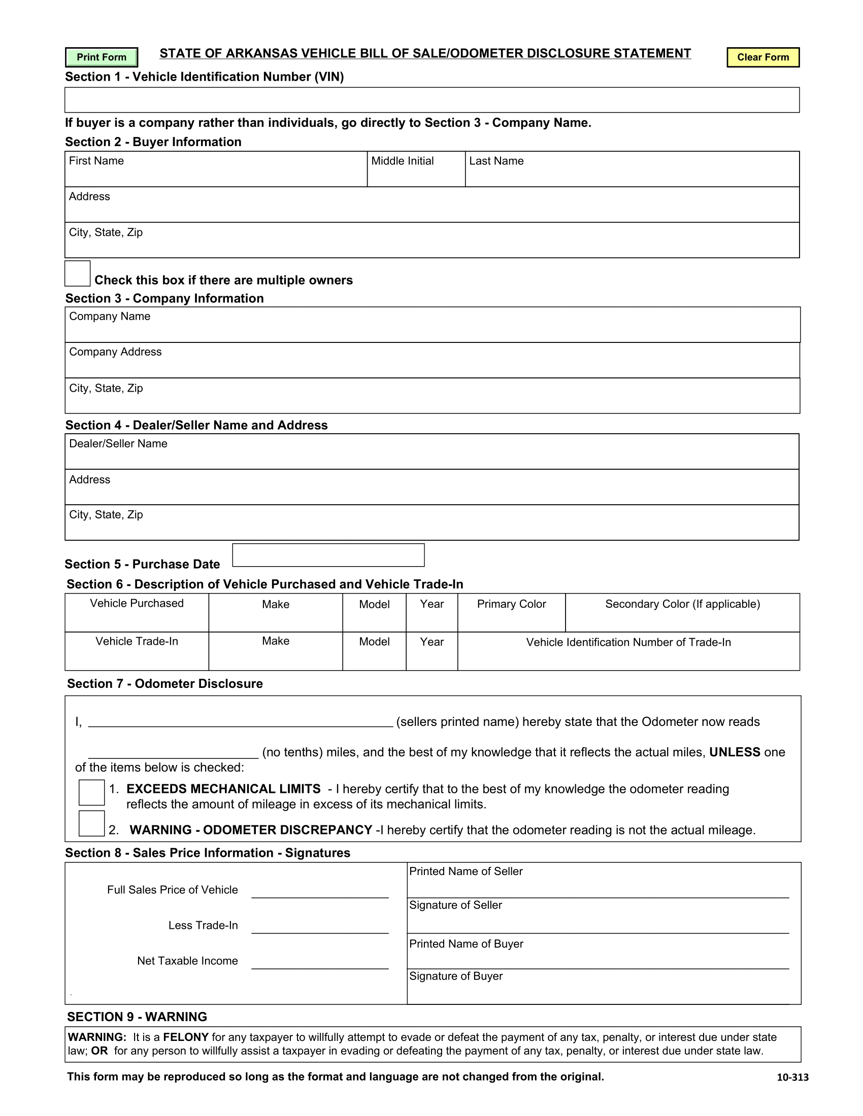 Arkansas Bill of Sale Form