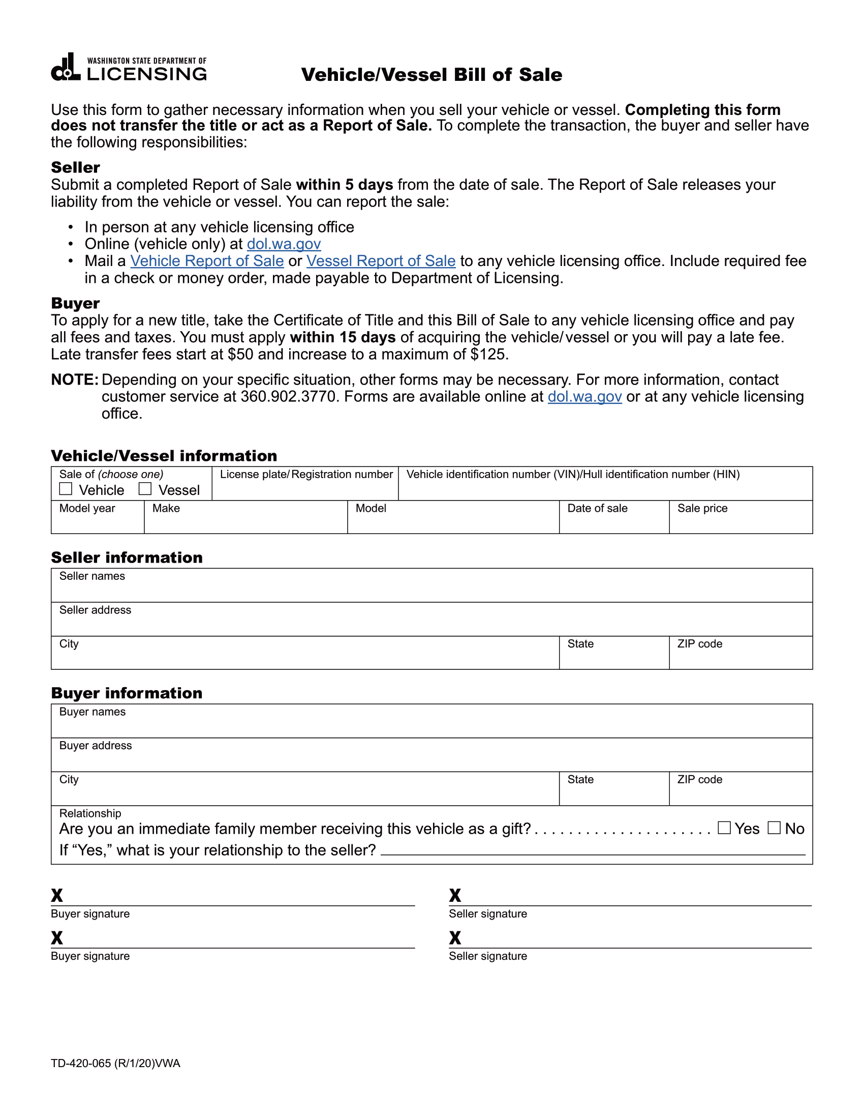 Washington Bill of Sale Form