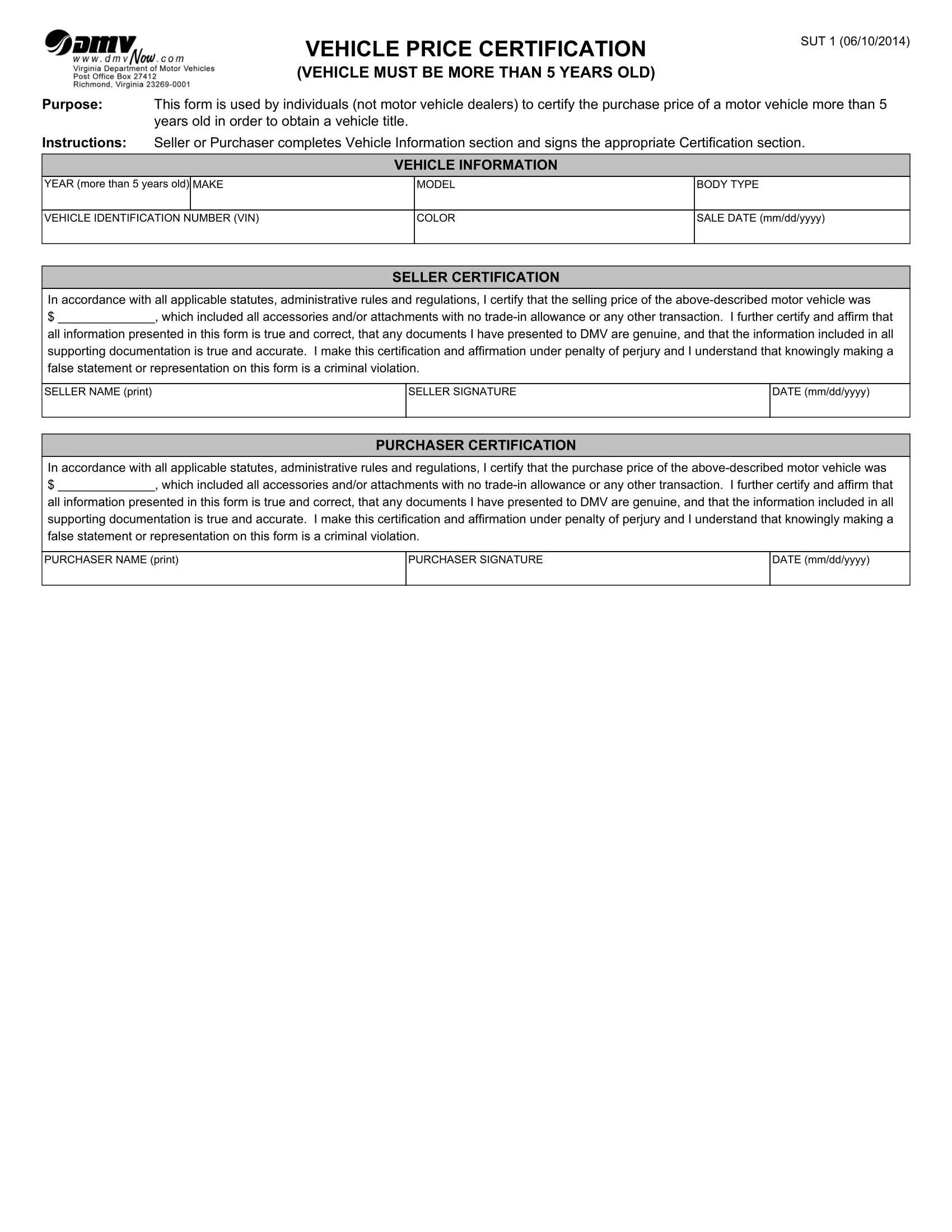 Virginia Bill of Sale Form