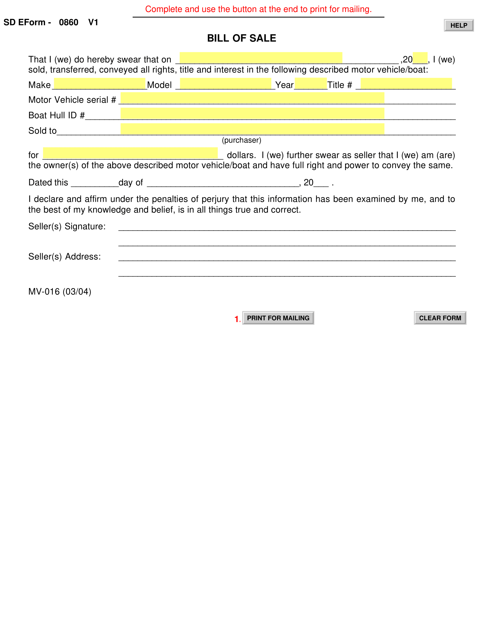 South Dakota Bill of Sale Form