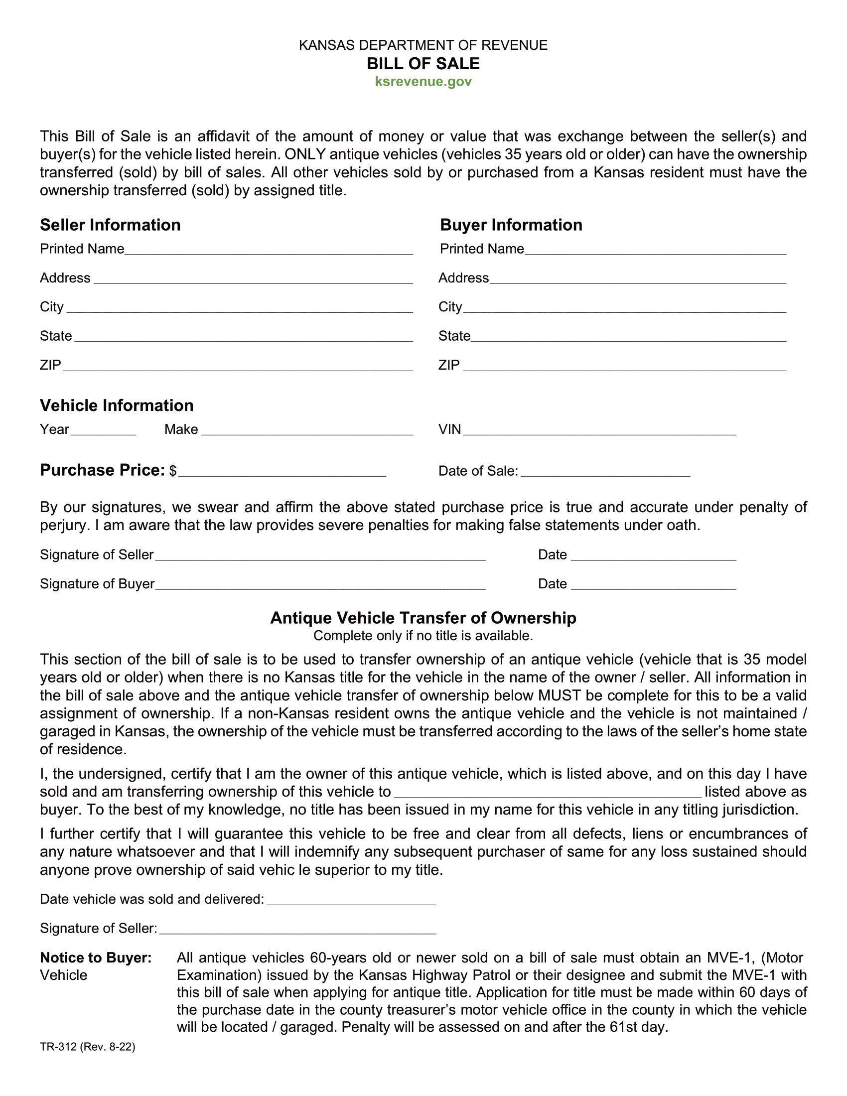 Kansas Bill of Sale Form