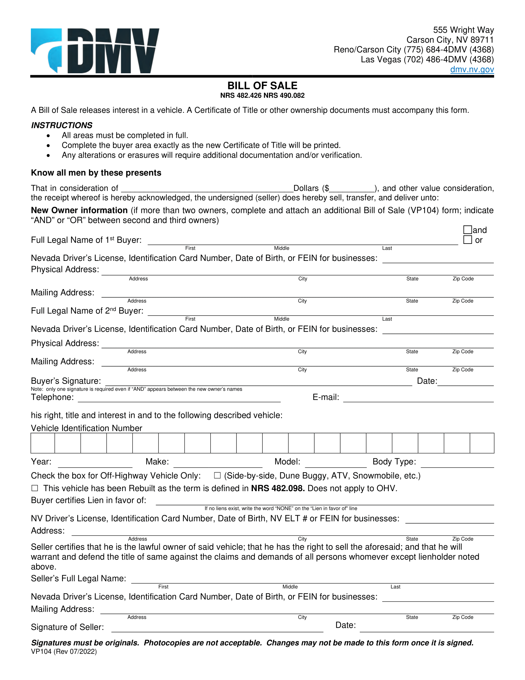 Nevada Bill of Sale Form