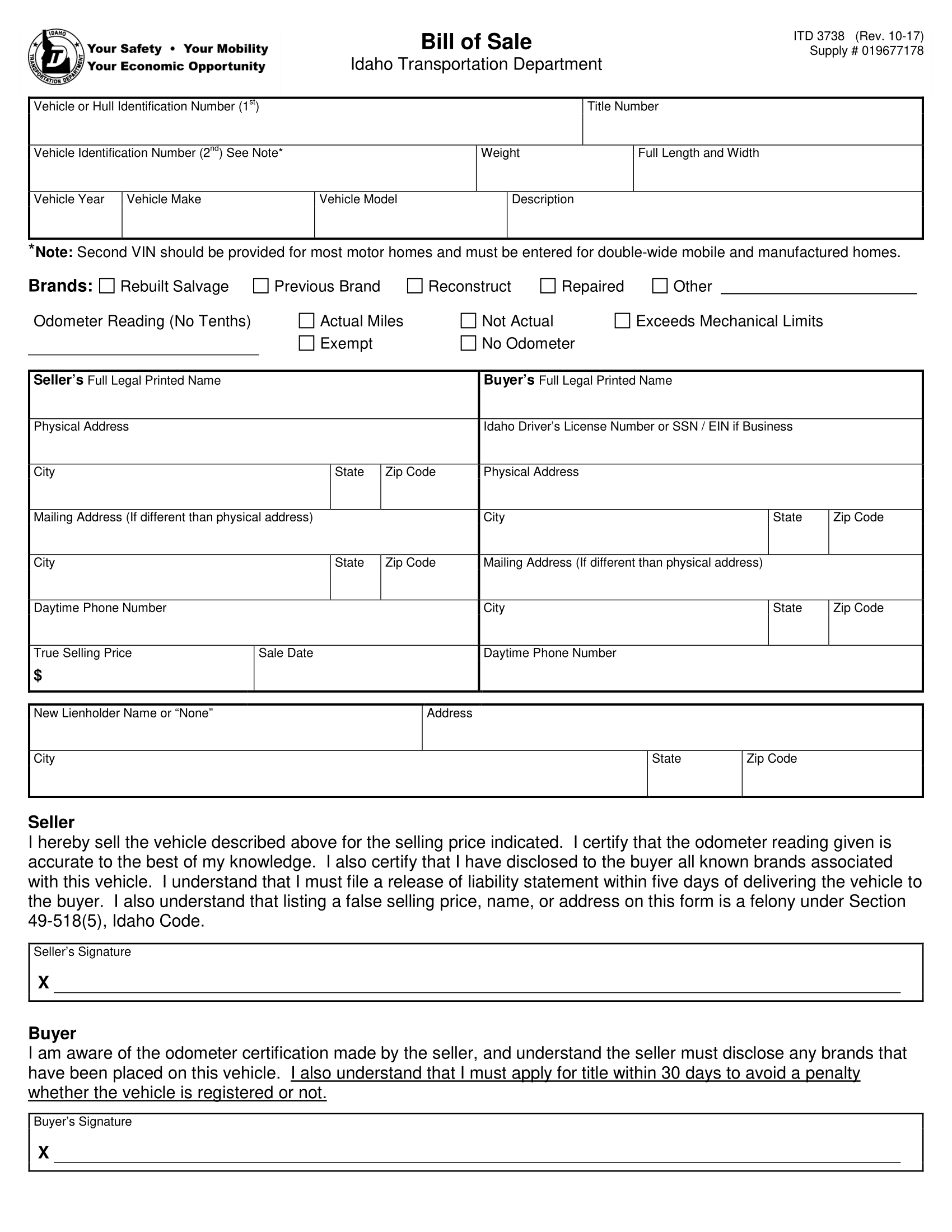 Idaho Bill of Sale Form