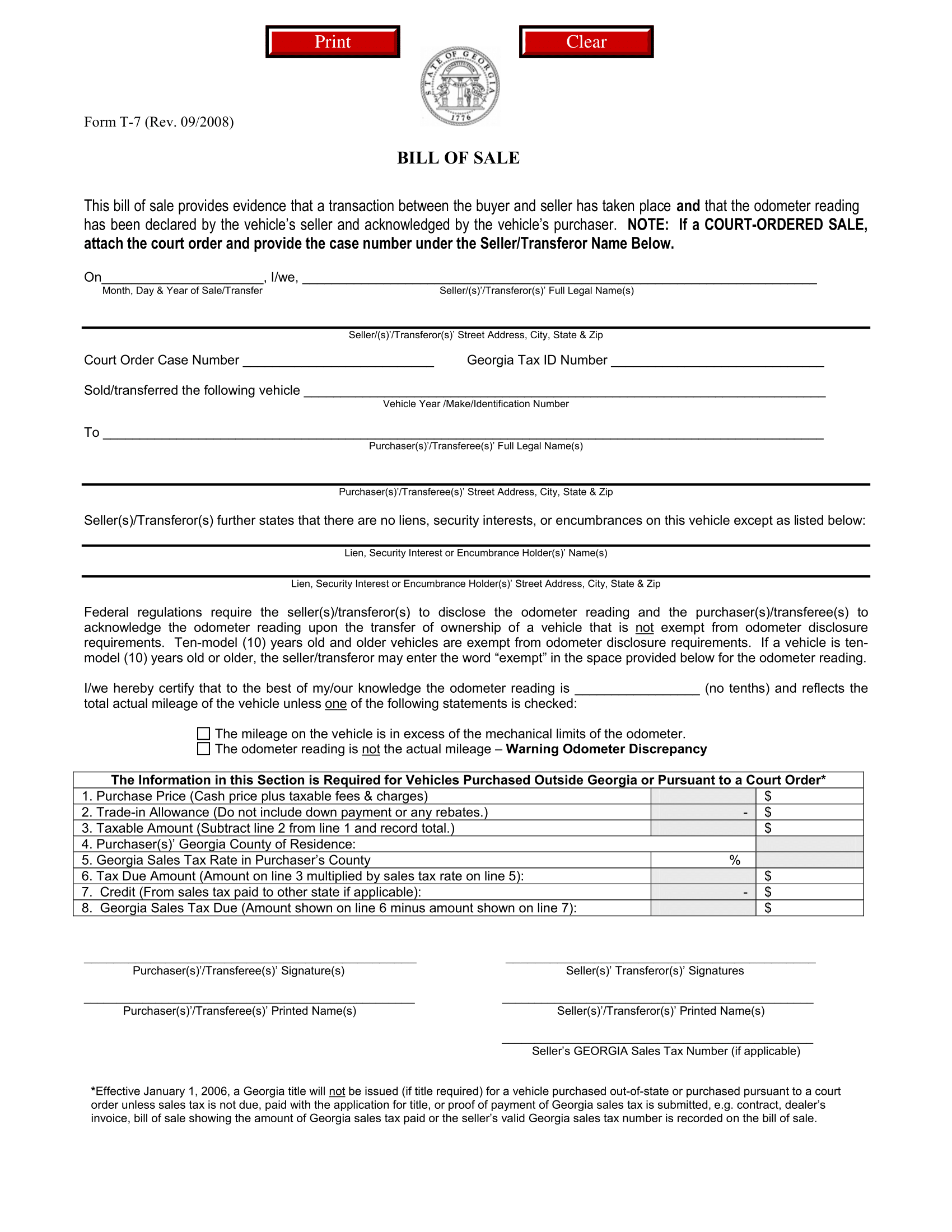 Georgia Bill of Sale Form