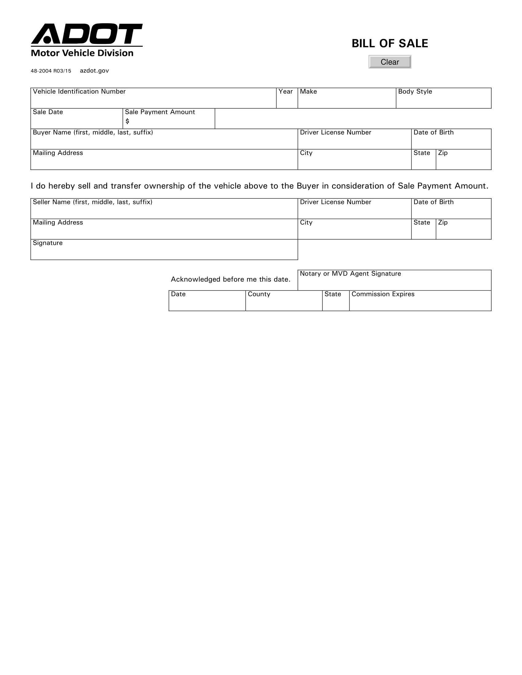 Arizona Bill of Sale Form