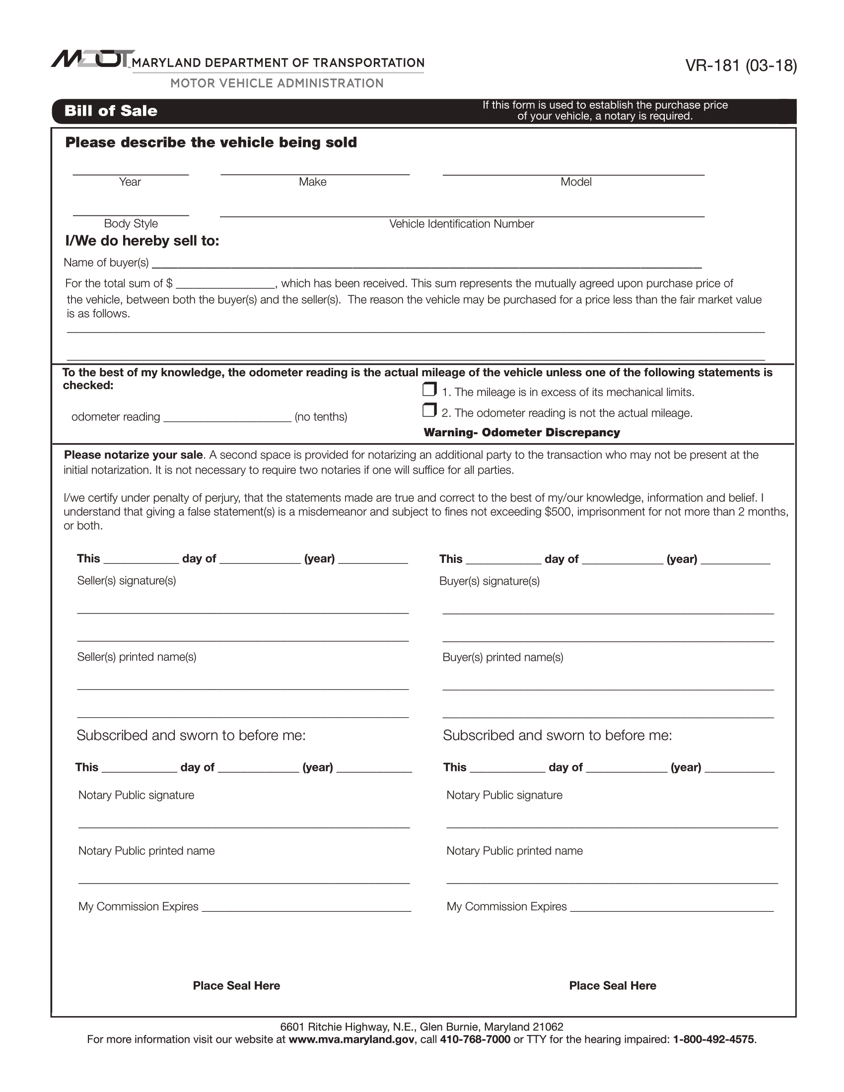 Maryland Bill of Sale Form