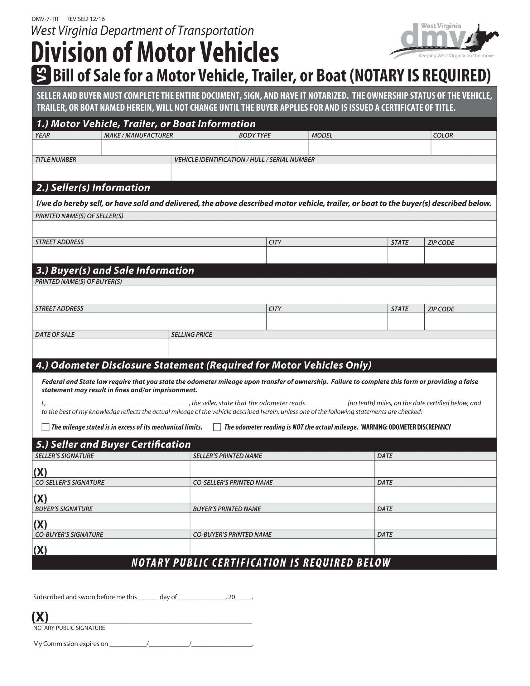 West Virginia Bill of Sale Form