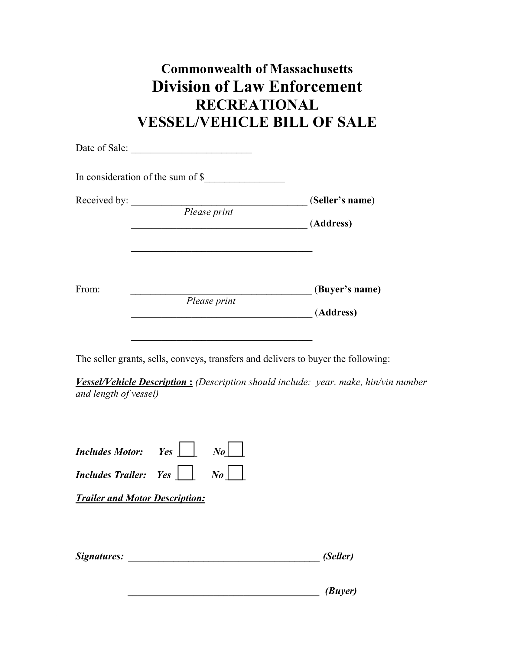 Massachusetts Bill of Sale Form