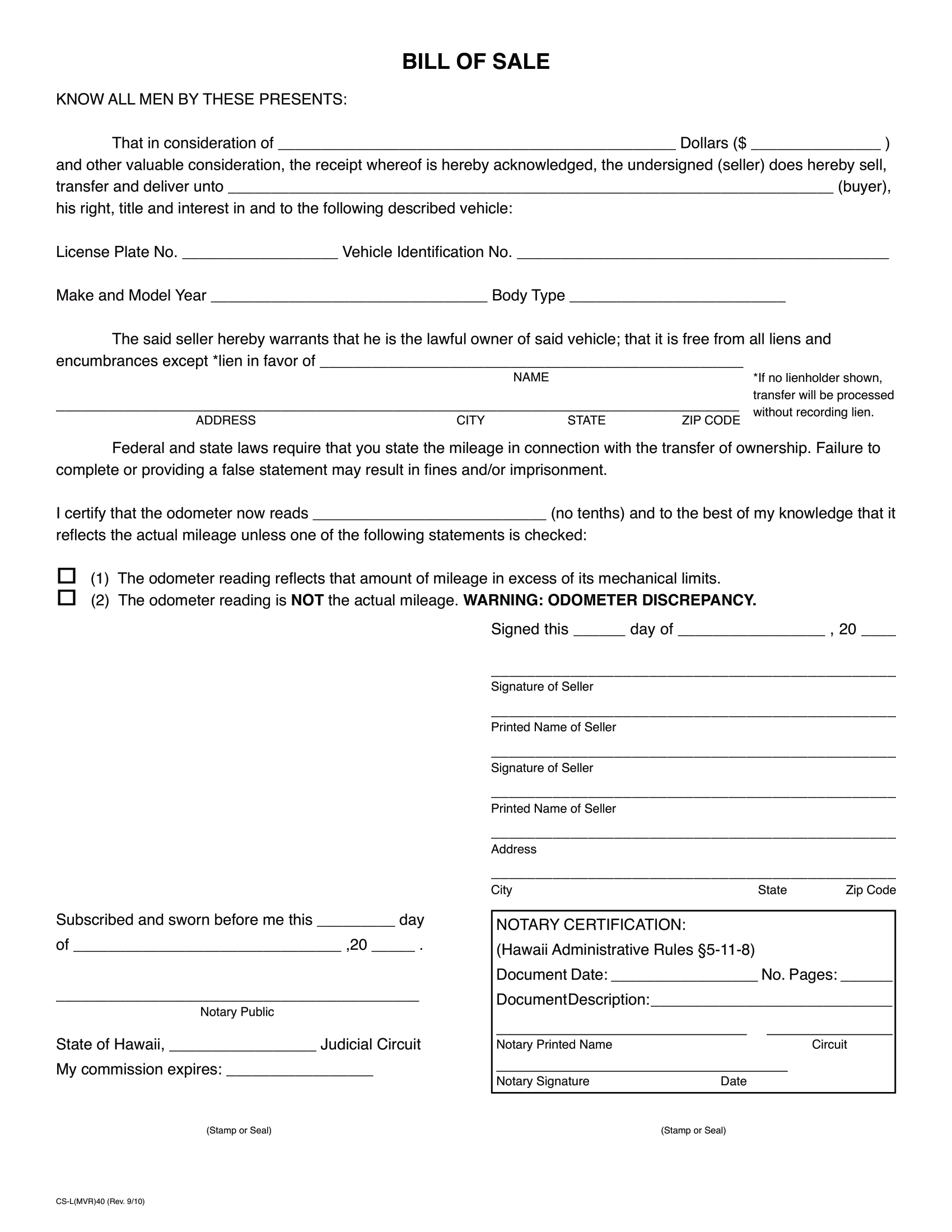 Hawaii Bill of Sale Form